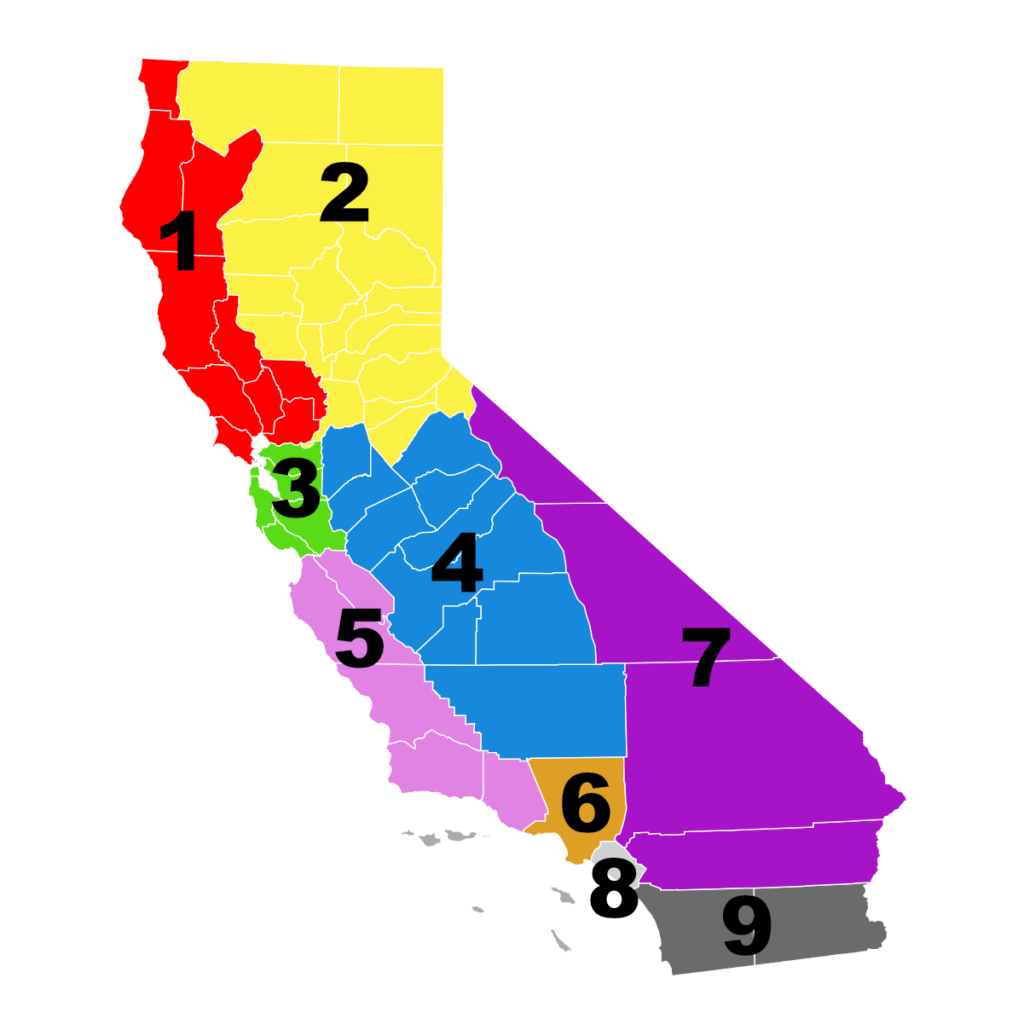 Map of California with region numbers